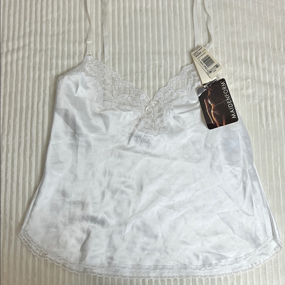 Vintage 80s Maidenform, white satin lace trim slip camisole 34 read
